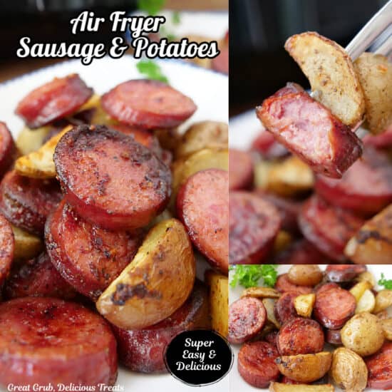 A three collage photo of smoked sausages and potatoes that were air fried.