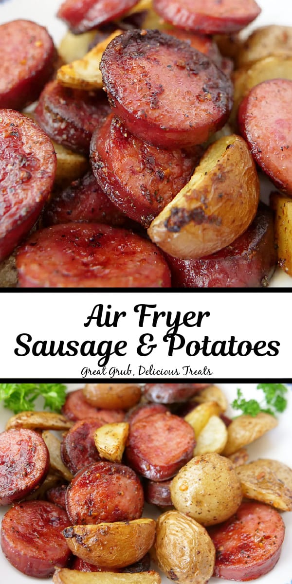A double collage photo of sliced smoked sausage and potatoes.
