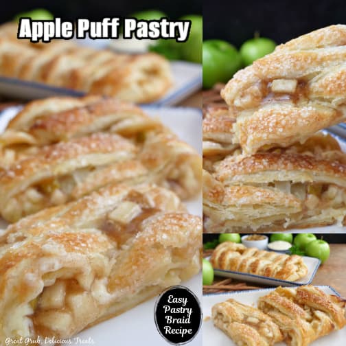A three collage photo of apple puff pastry on white plates with blue trim.