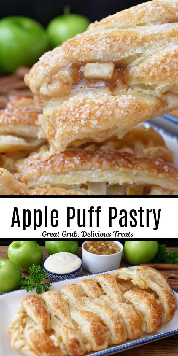 A double collage photo of an apple puff pastry braid.
