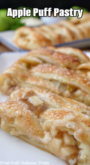 A white plate with a couple slices of apple pastry and the title of the recipe at the top of the photo.