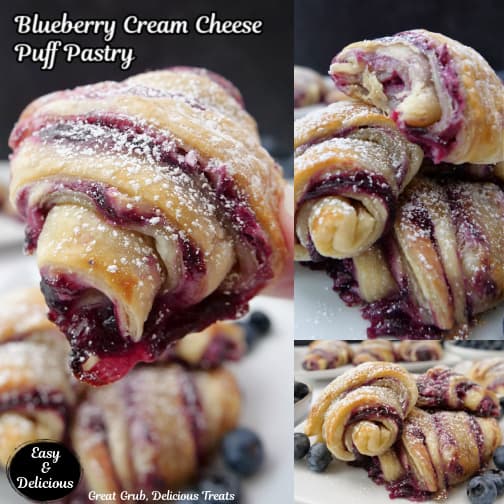 A three collage photo of of blueberry cream cheese puff pastries on a white plate with the title of the recipe at the top of the photo.