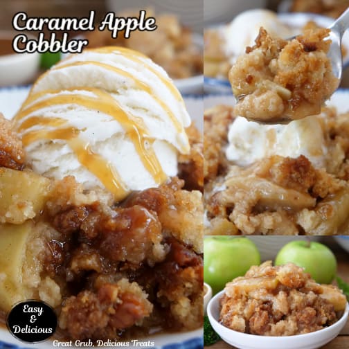 A three collage photo of caramel apple cobbler with a scoop of vanilla ice cream on top.