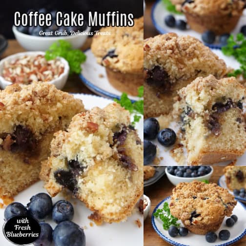 A three collate photo of coffee cake muffing with fresh blueberries.