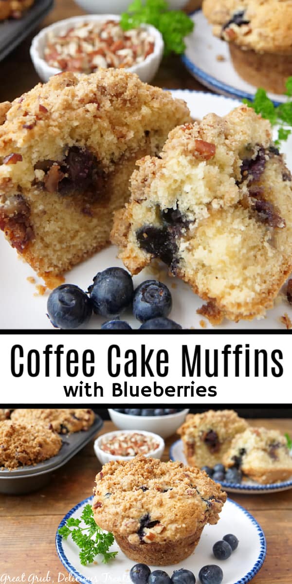 A double collage photo of coffee cake muffins with fresh blueberries.
