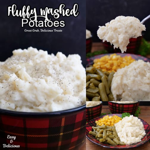 A three collage photo of fluffy mashed potatoes.