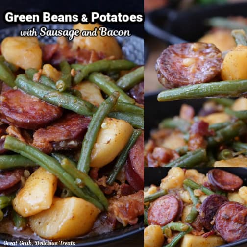 A three collage photo of sausage, green beans, potatoes and bacon in a black bowl.