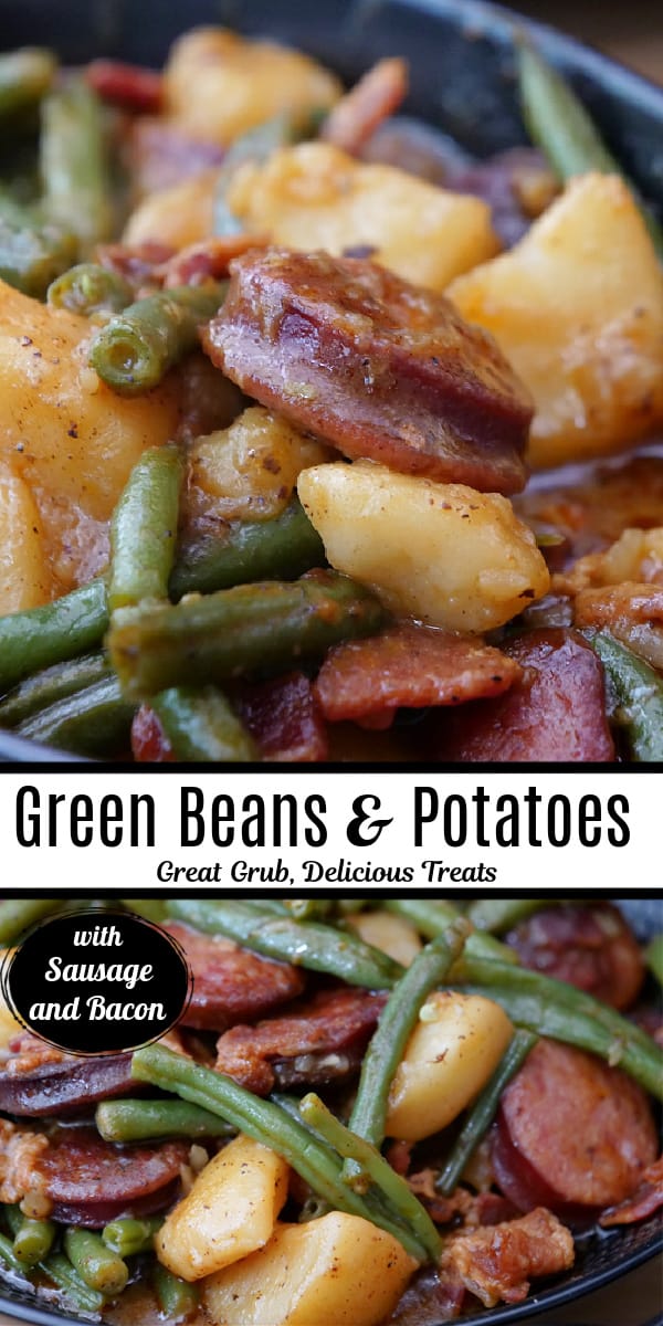A double collage photo of green beans, potatoes, sausage and bacon in a black bowl.