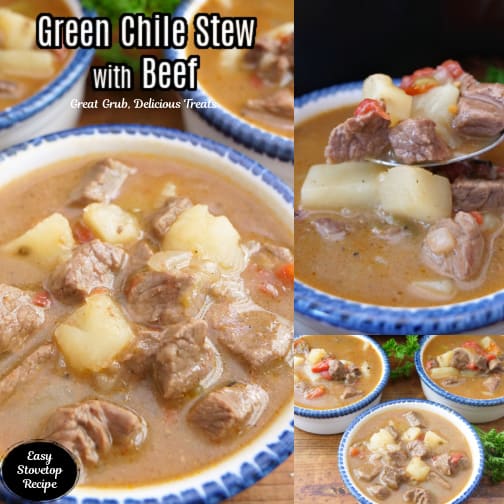 A three collage photo of green chile beef stew in white bowls with blue trim.