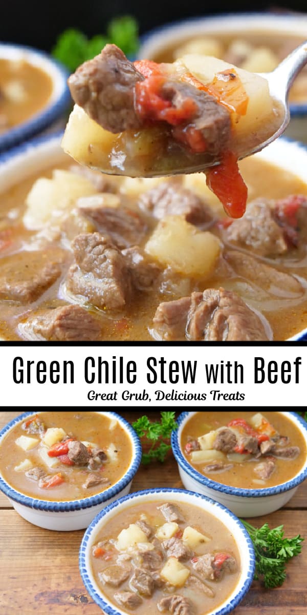 A double collage photo of green chile beef stew in a white bowl with blue trim.