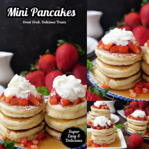 A three collage photo of mini pancakes with strawberries and whipped cream.