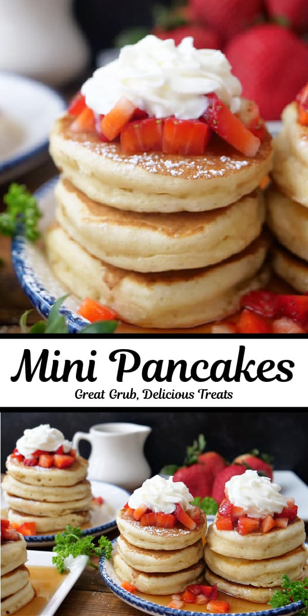 A double collage photo of mini pancakes topped with strawberries and whipped cream.