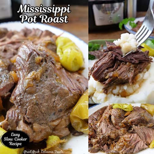 A three collage photo of Mississippi Pot Roast.