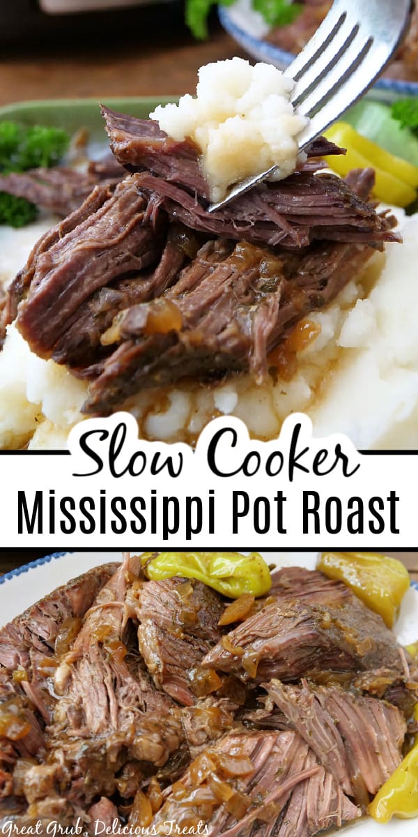 A double collage photo of slow cooked Mississippi Pot Roast.