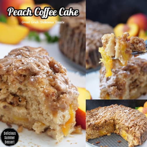 A three photo collage of homemade peach coffee cake.