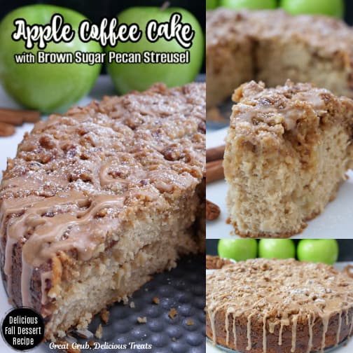 A three collage photo of apple coffee cake.
