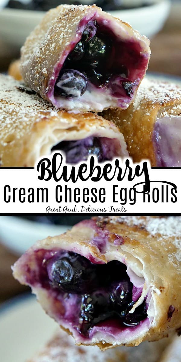 A double collage photo of blueberry egg rolls with a sweet cream cheese filling.