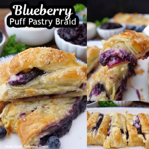 A three photo collage of blueberry puff pastry.