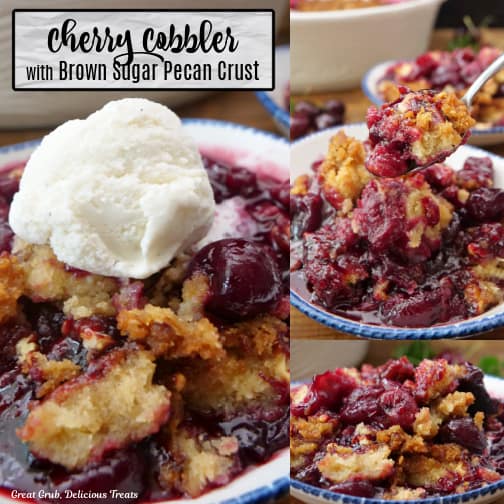 A three collage photo of homemade cherry cobbler.