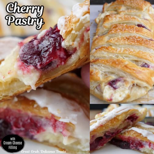 A three collage photo of cherry puff pastry.