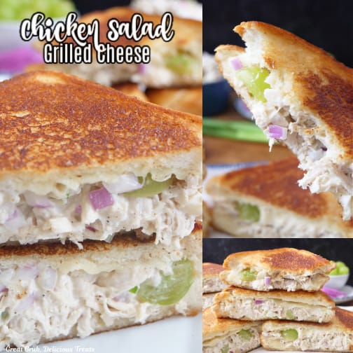 A three collage photo of chicken salad grilled cheese sandwiches.