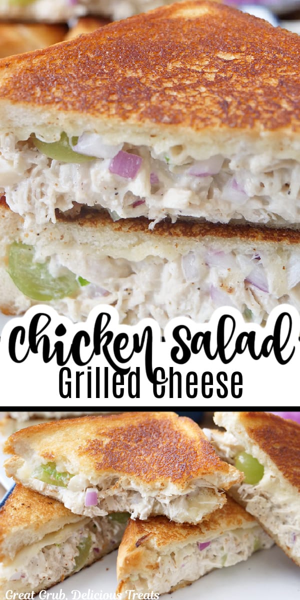 A double collage photo of a grilled cheese sandwich with homemade chicken salad added.