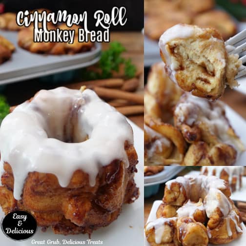 A three collage photo of a mini cinnamon roll monkey bread on a white plate with white icing drizzled over the top.