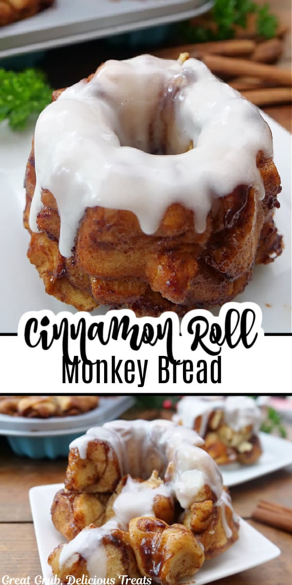 A double collage photo of a mini cinnamon roll monkey bread on a white plate with icing over the top of the monkey bread.