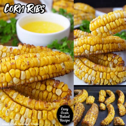 A three photo collage of oven baked corn ribs.