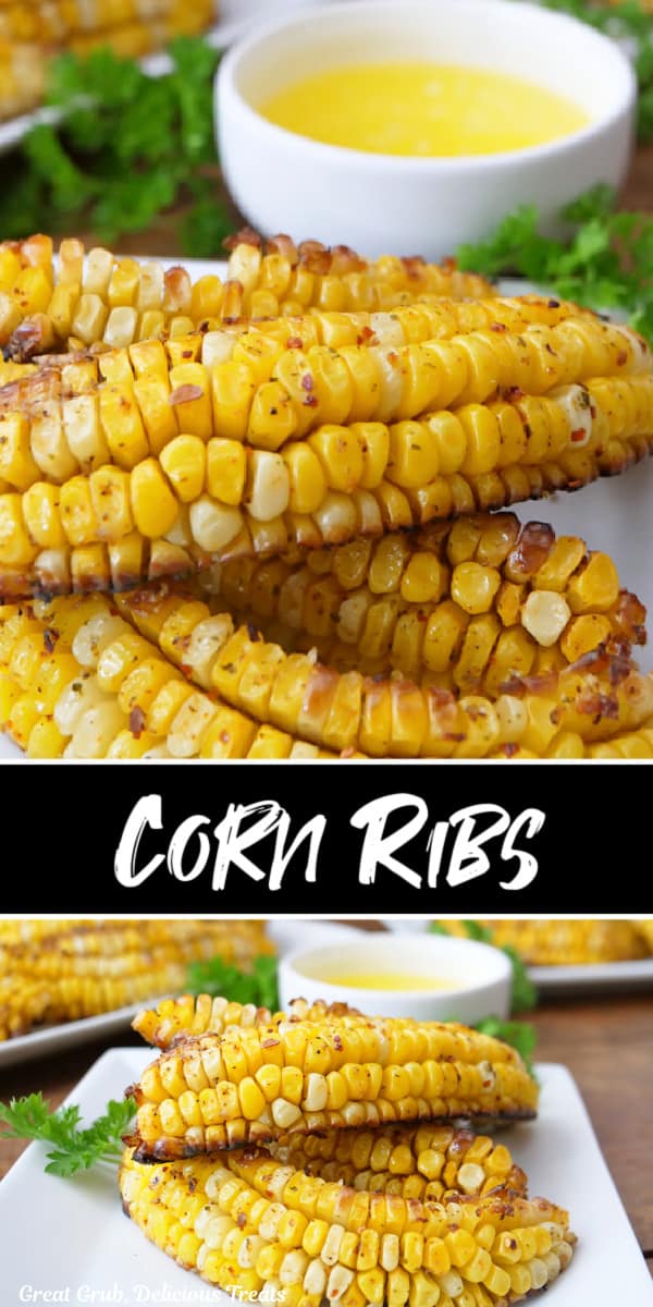 A double collage photo of corn ribs on a white plate.