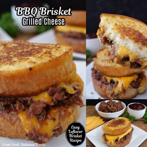 A three collage photo of BBQ brisket grilled cheese.
