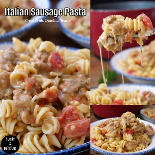 A three collage photo of Italian Sausage Pasta.
