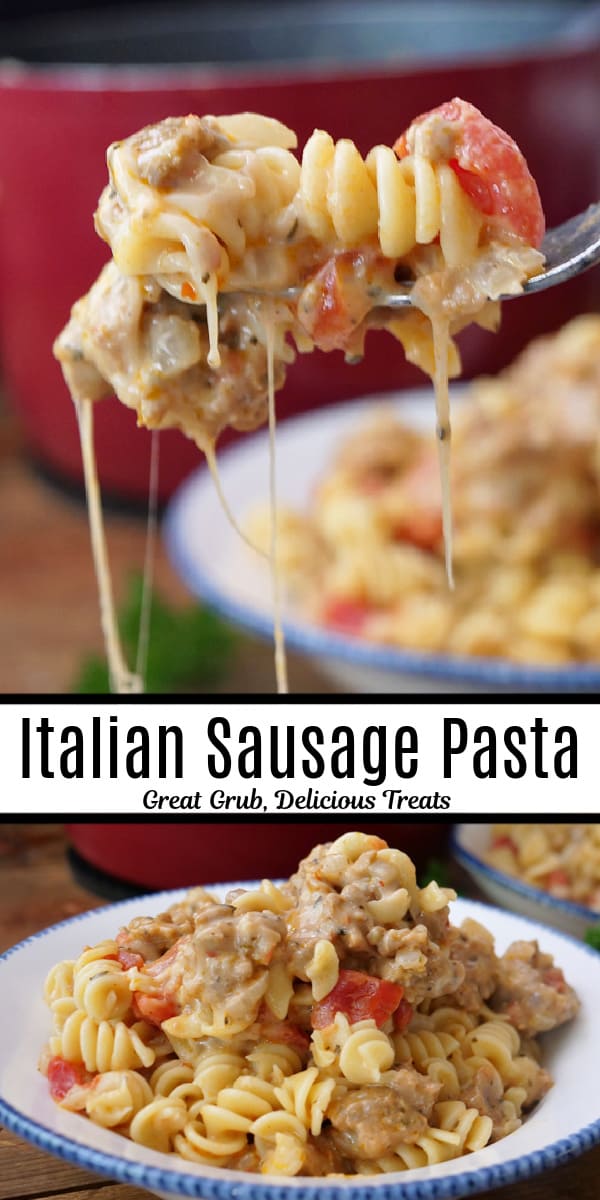 A double collage photo of Italian Sausage Pasta