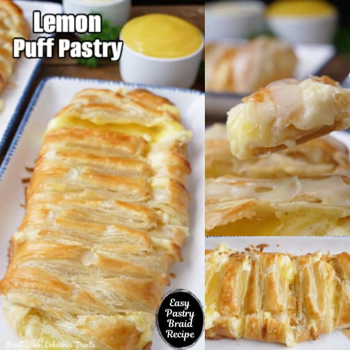 A three collage photo of a pastry braid filled with a sweet cream cheese mixture and lemon pie filling.
