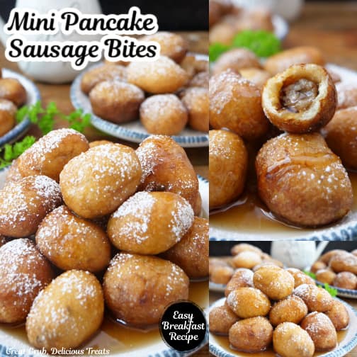 A three collage photo of mini pancake sausage bites on a white plate with powdered sugar and syrup on them.