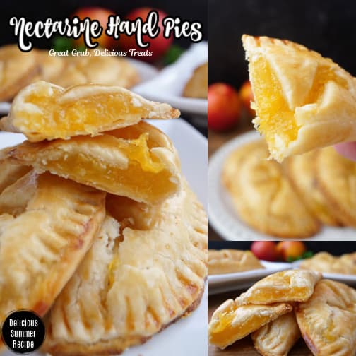A photo collage of nectarine hand pies on a white plate.