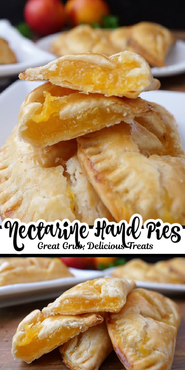 A double photo collage of hand pies with nectarine filling.