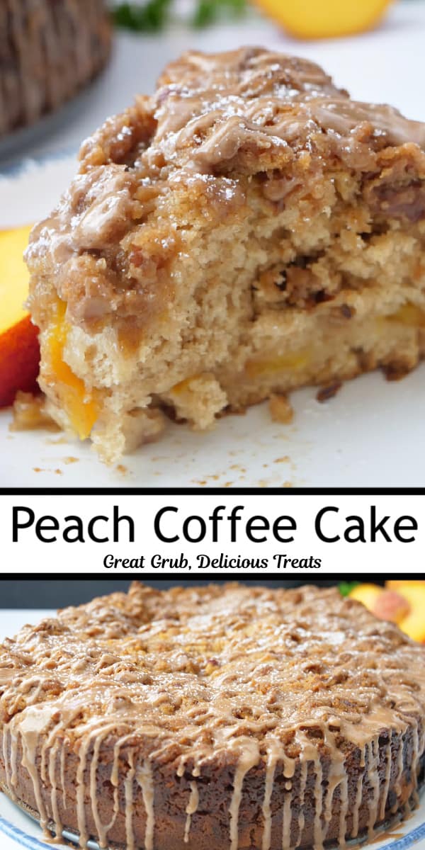 A double collage photo of a slice of peach coffee cake and a whole coffee cake.