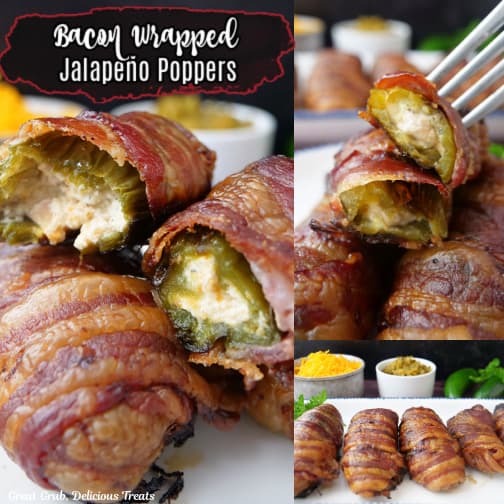 A three collage photo of bacon wrapped jalapeno poppers on a white plate.