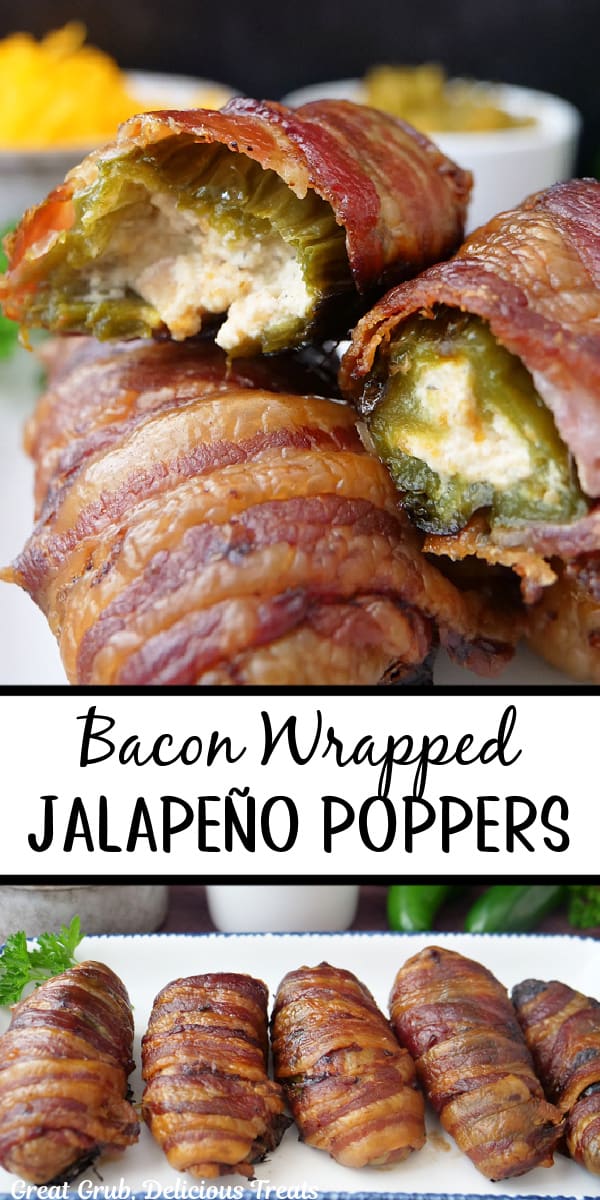 A double collage photo of bacon wrapped jalapeno poppers on a white plate with blue trim.