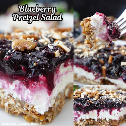 A three photo collage of blueberry pretzel salad.