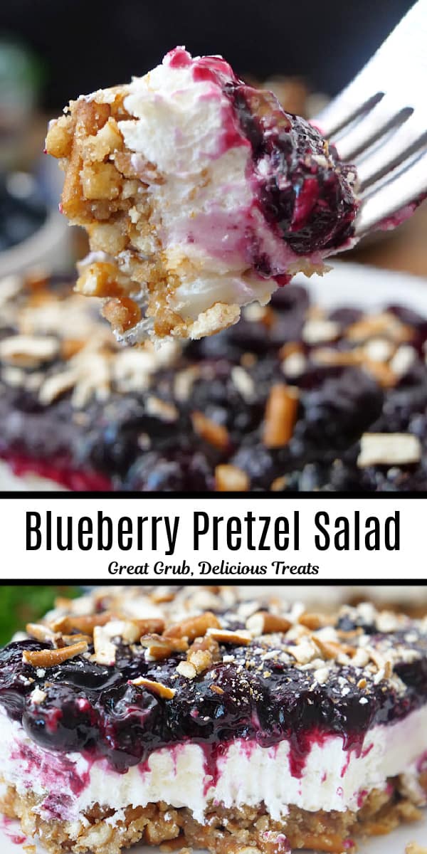 A double photo collage of dessert made with pretzels, cream cheese and blueberries.