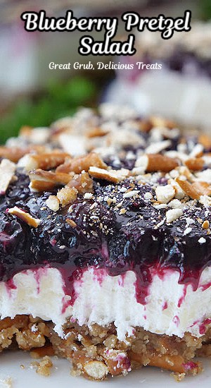 A pretzel dessert recipe with sweet cream cheese and blueberry topping.