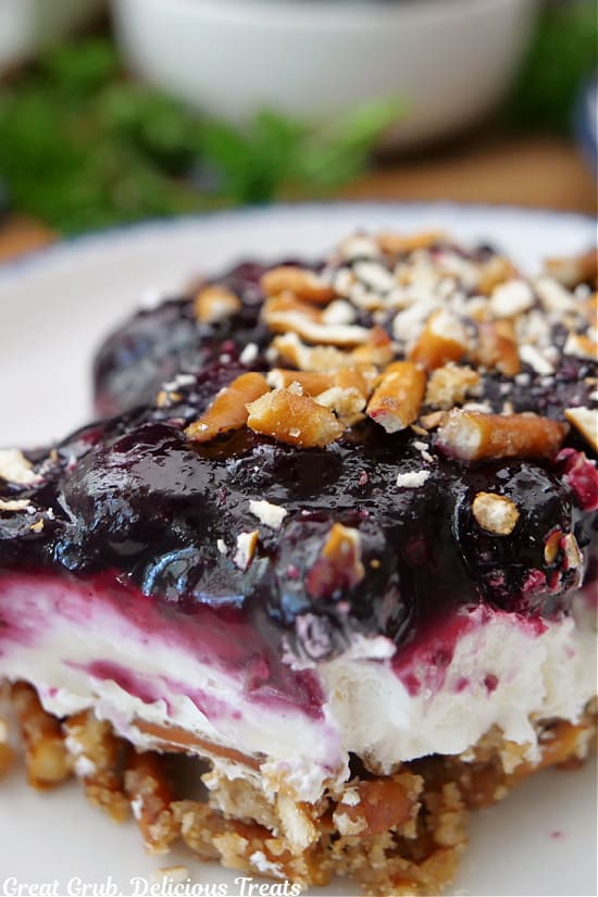 A serving of blueberry pretzel salad on a white plate.