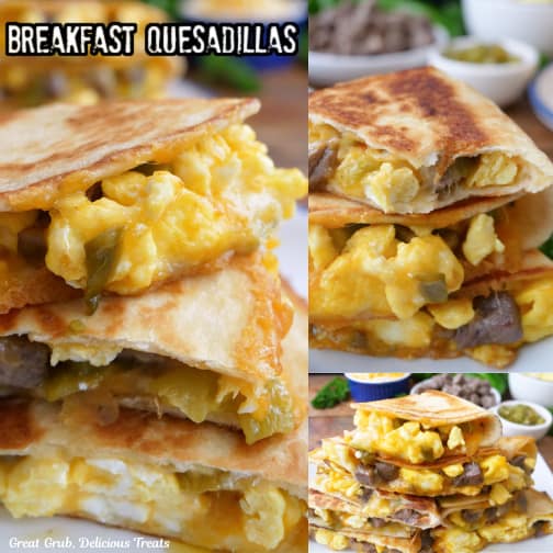 A three collage photo of breakfast quesadillas.