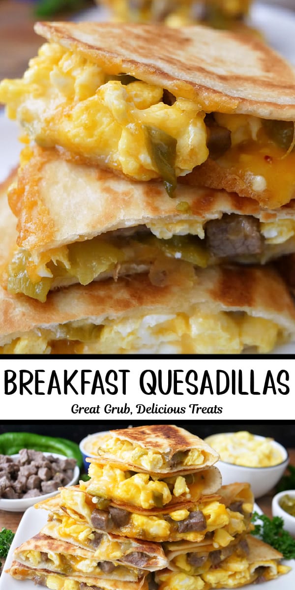 A double photo of quesadillas with steak, egg, cheese, and green chiles.