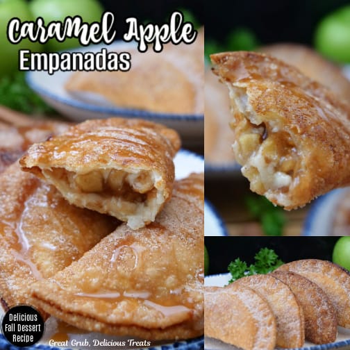A three photo collage of caramel apple empanadas.