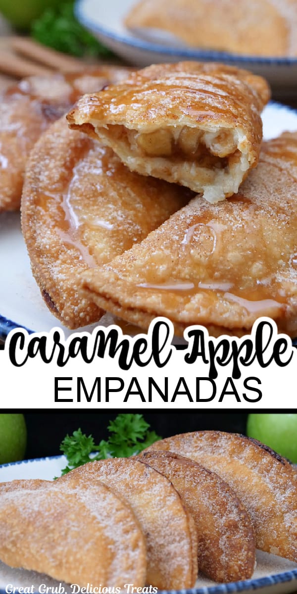 A double photo collage with dessert empanadas filled with apples and cream cheese, coated in cinnamon sugar and drizzled with caramel.