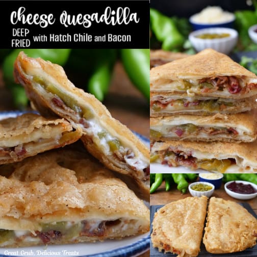 A three photo collage of deep fried cheesy quesadillas.