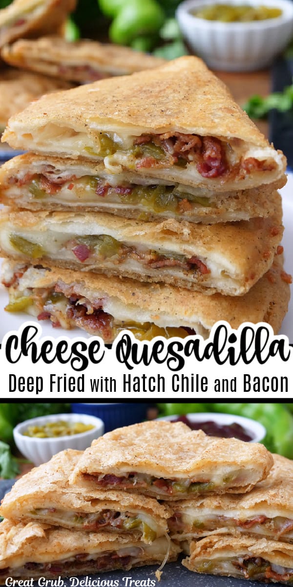 A double collage photo of cheese, hatch green chile and bacon stuffed inside flour tortillas and deep fried.